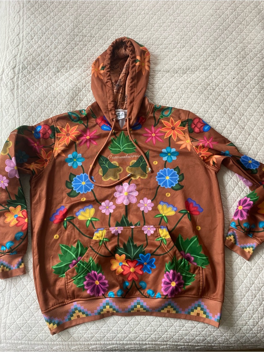 Osamuskwasis Smoked Hide Hoodie Brown Floral Sweatshirt Unisex Boho Indigenous